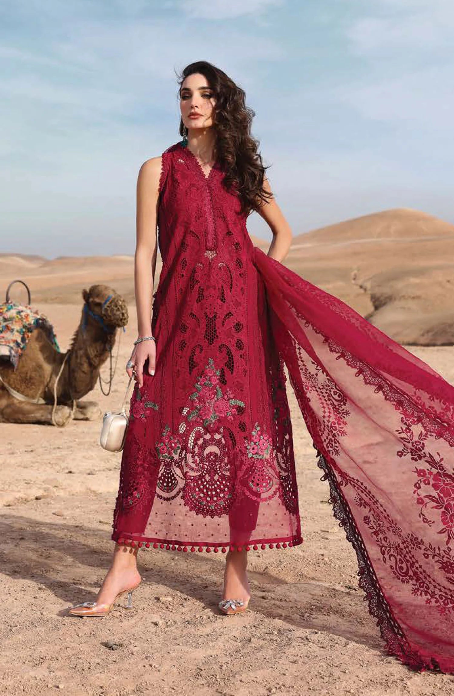 Maria B Embroidered Lawn Unstitched 3 Piece Suit - D-4A - MAB25LLV25 - Red - Summer Collection
