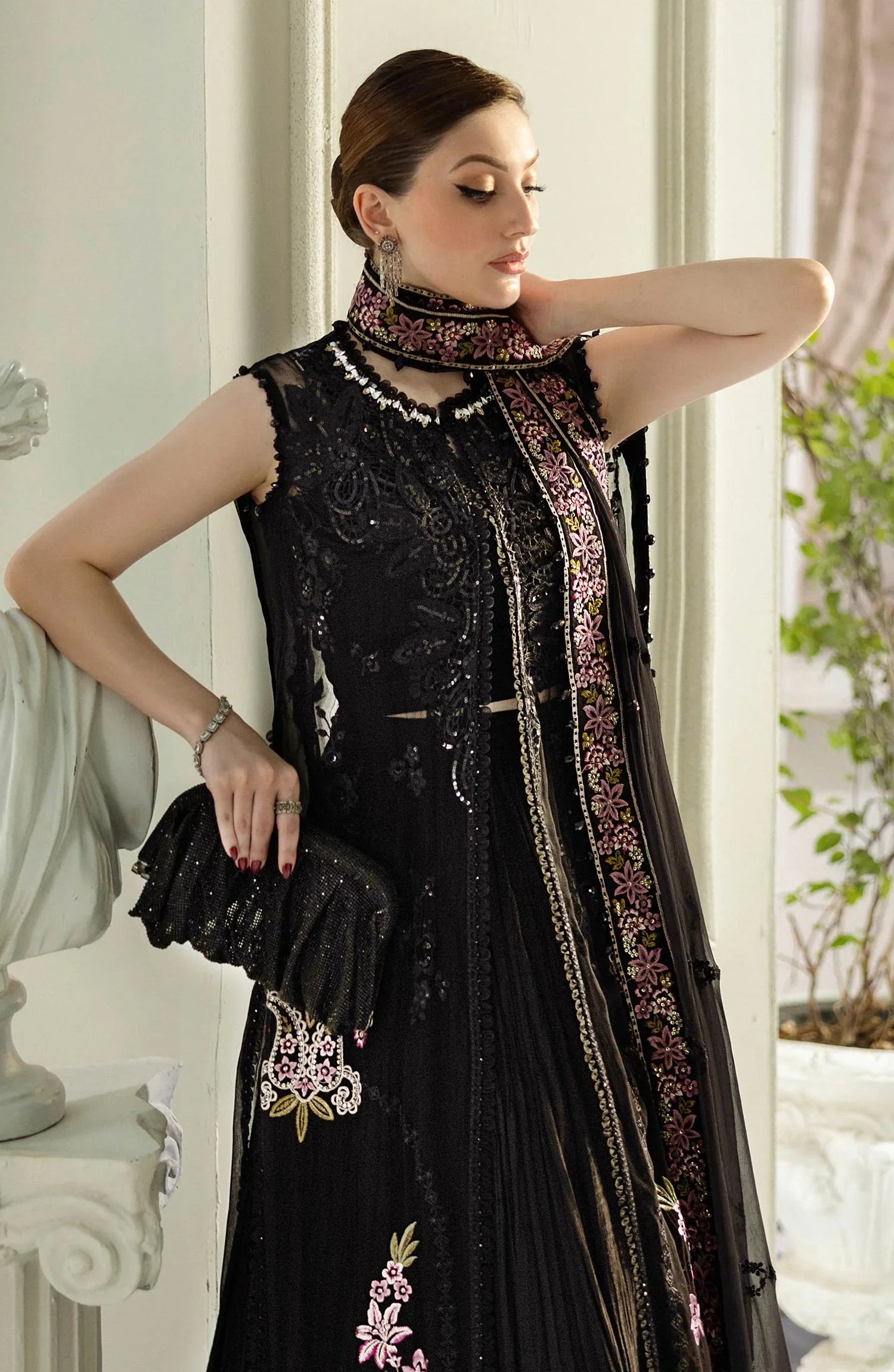 Maria B Embroidered Luxury Chiffon Unstitched 3 Piece Suit - MPC-25-104-Black - MB25UCH - Luxury Collection