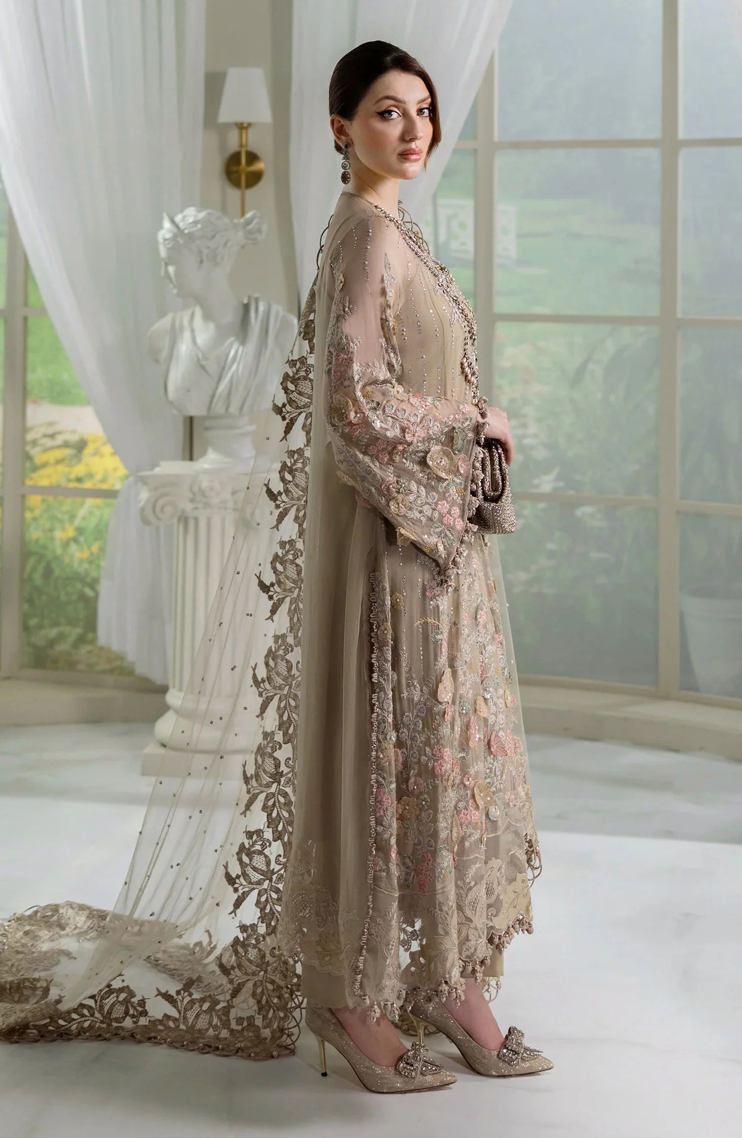 Maria B Embroidered Luxury Chiffon Unstitched 3 Piece Suit - MPC-25-107-BEIGE - MB25UCH - Luxury Collection