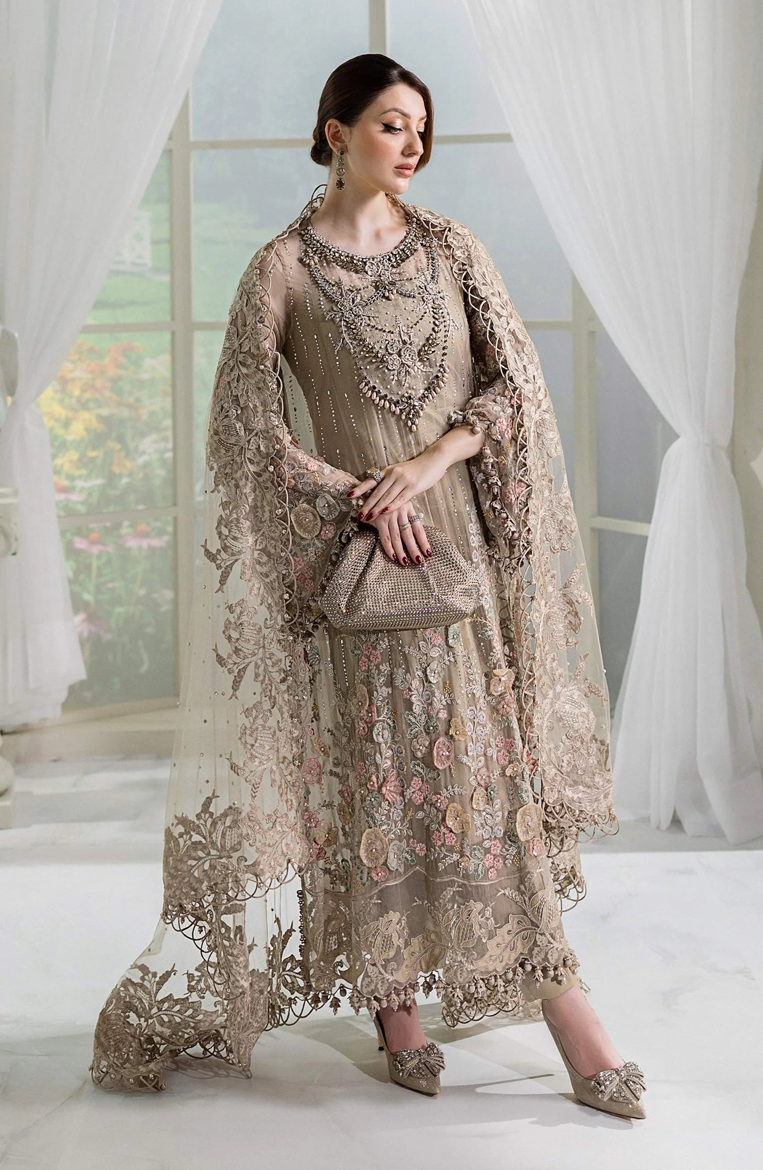 Maria B Embroidered Luxury Chiffon Unstitched 3 Piece Suit - MPC-25-107-BEIGE - MB25UCH - Luxury Collection
