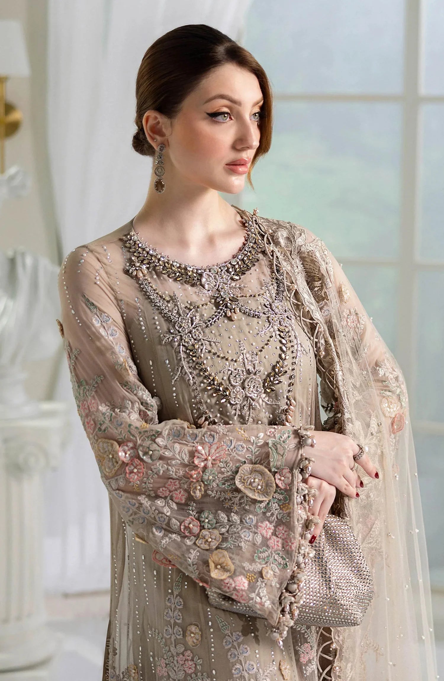 Maria B Embroidered Luxury Chiffon Unstitched 3 Piece Suit - MPC-25-107-BEIGE - MB25UCH - Luxury Collection