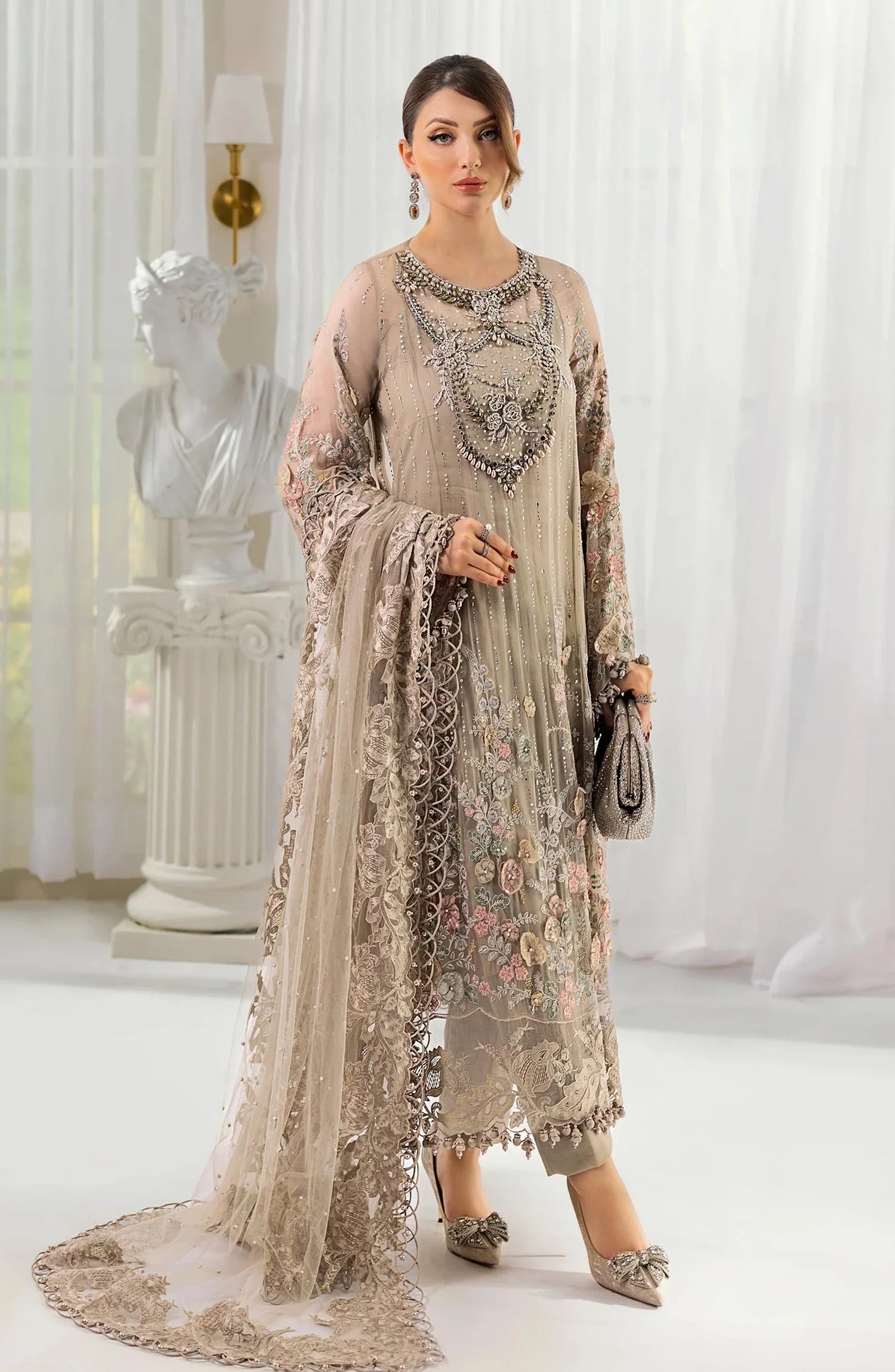 Maria B Embroidered Luxury Chiffon Unstitched 3 Piece Suit - MPC-25-107-BEIGE - MB25UCH - Luxury Collection