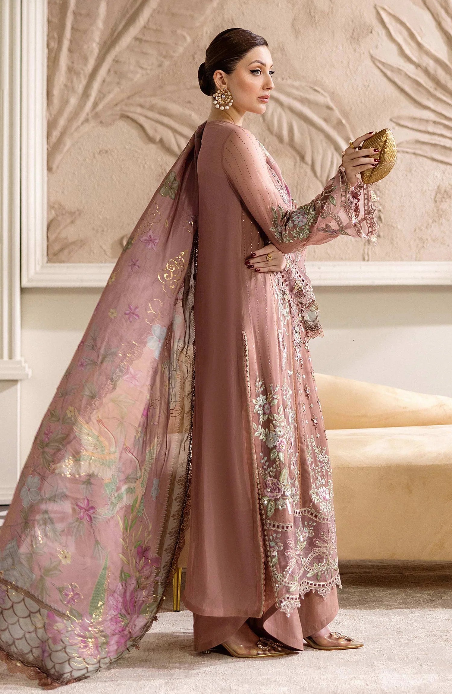 Maria B Embroidered Luxury Chiffon Unstitched 3 Piece Suit - MPC-25-105-Tea Pink - MB25UCH - Luxury Collection