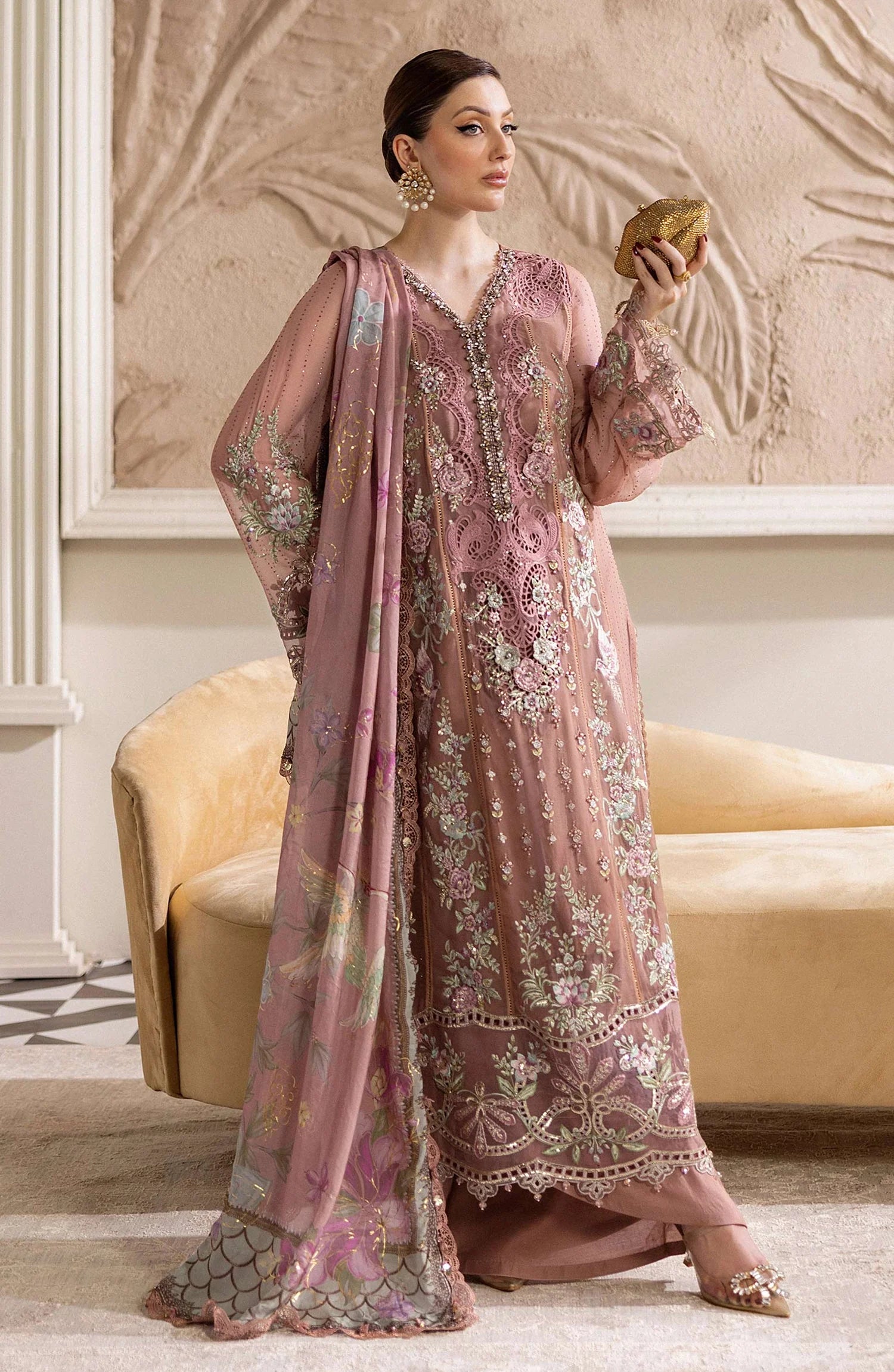 Maria B Embroidered Luxury Chiffon Unstitched 3 Piece Suit - MPC-25-105-Tea Pink - MB25UCH - Luxury Collection