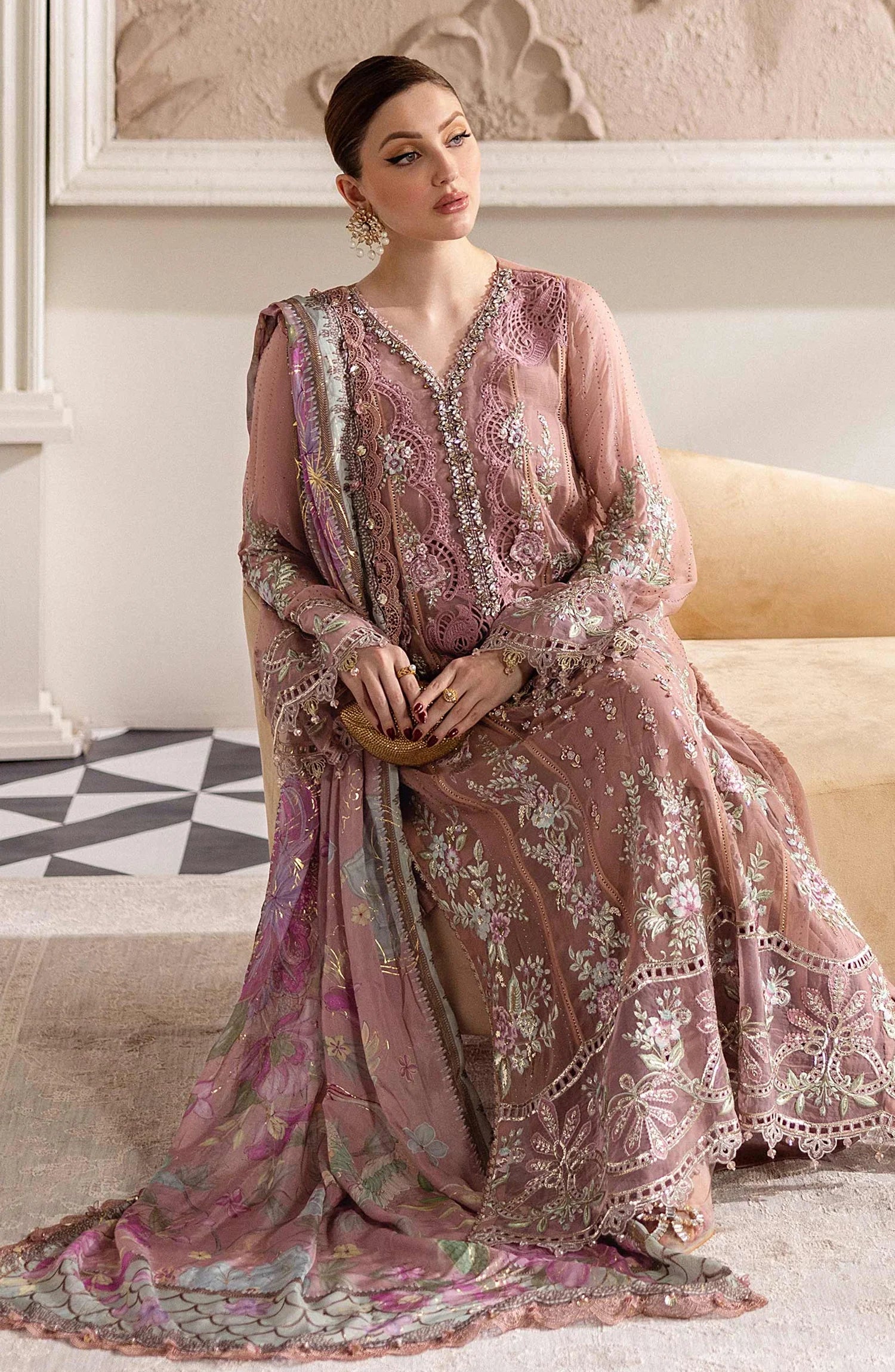 Maria B Embroidered Luxury Chiffon Unstitched 3 Piece Suit - MPC-25-105-Tea Pink - MB25UCH - Luxury Collection