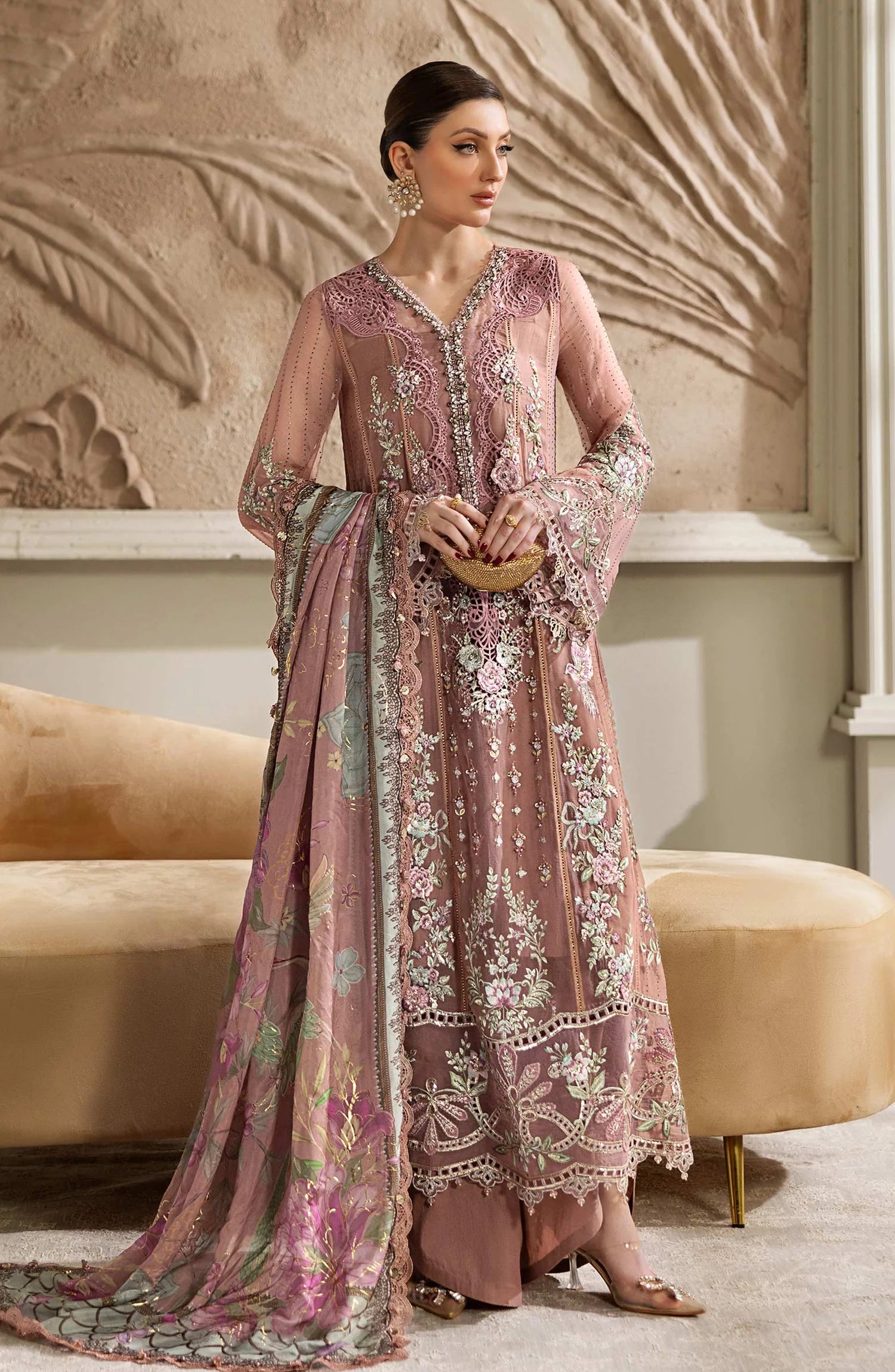 Maria B Embroidered Luxury Chiffon Unstitched 3 Piece Suit - MPC-25-105-Tea Pink - MB25UCH - Luxury Collection