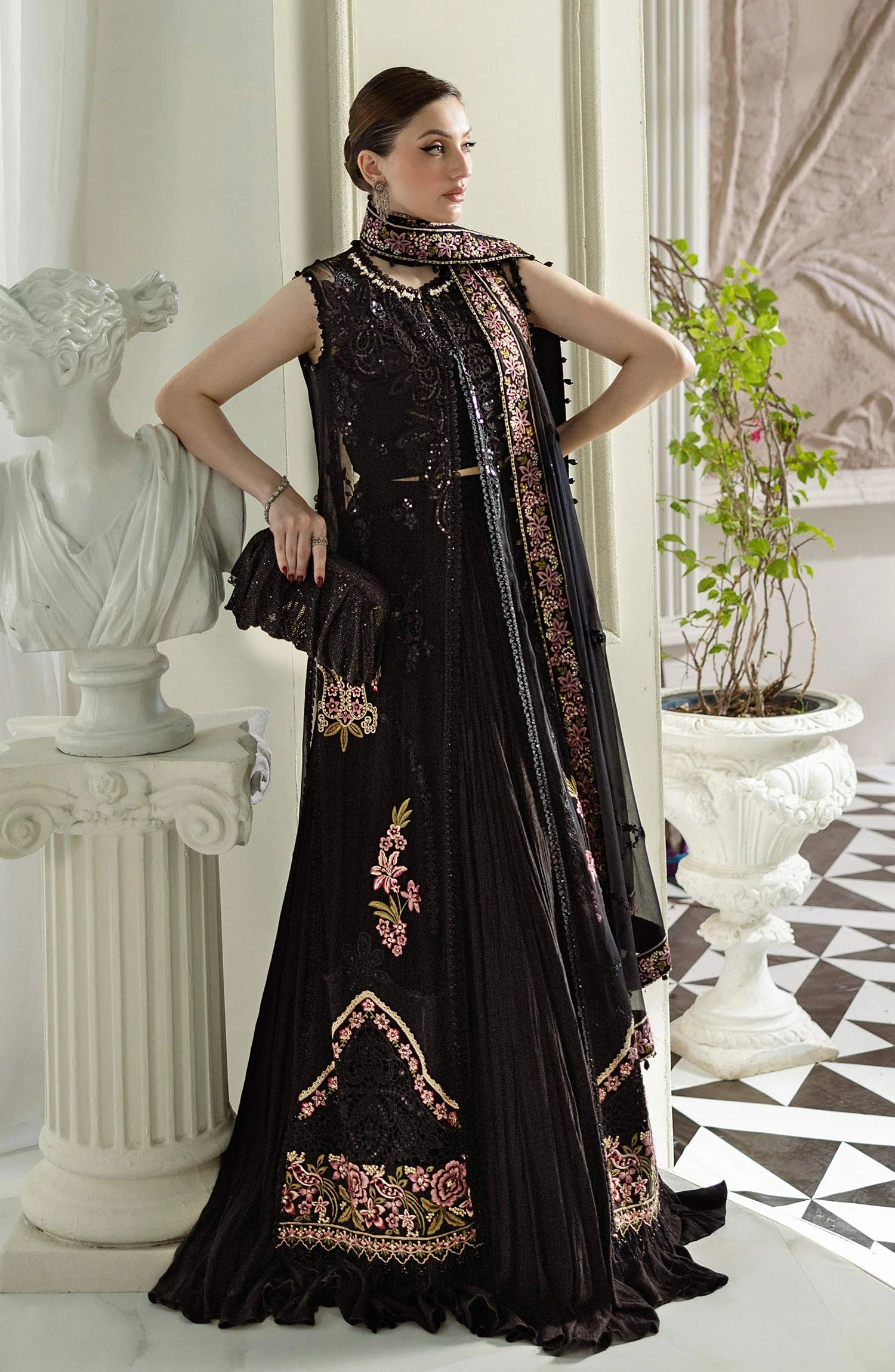 Maria B Embroidered Luxury Chiffon Unstitched 3 Piece Suit - MPC-25-104-Black - MB25UCH - Luxury Collection