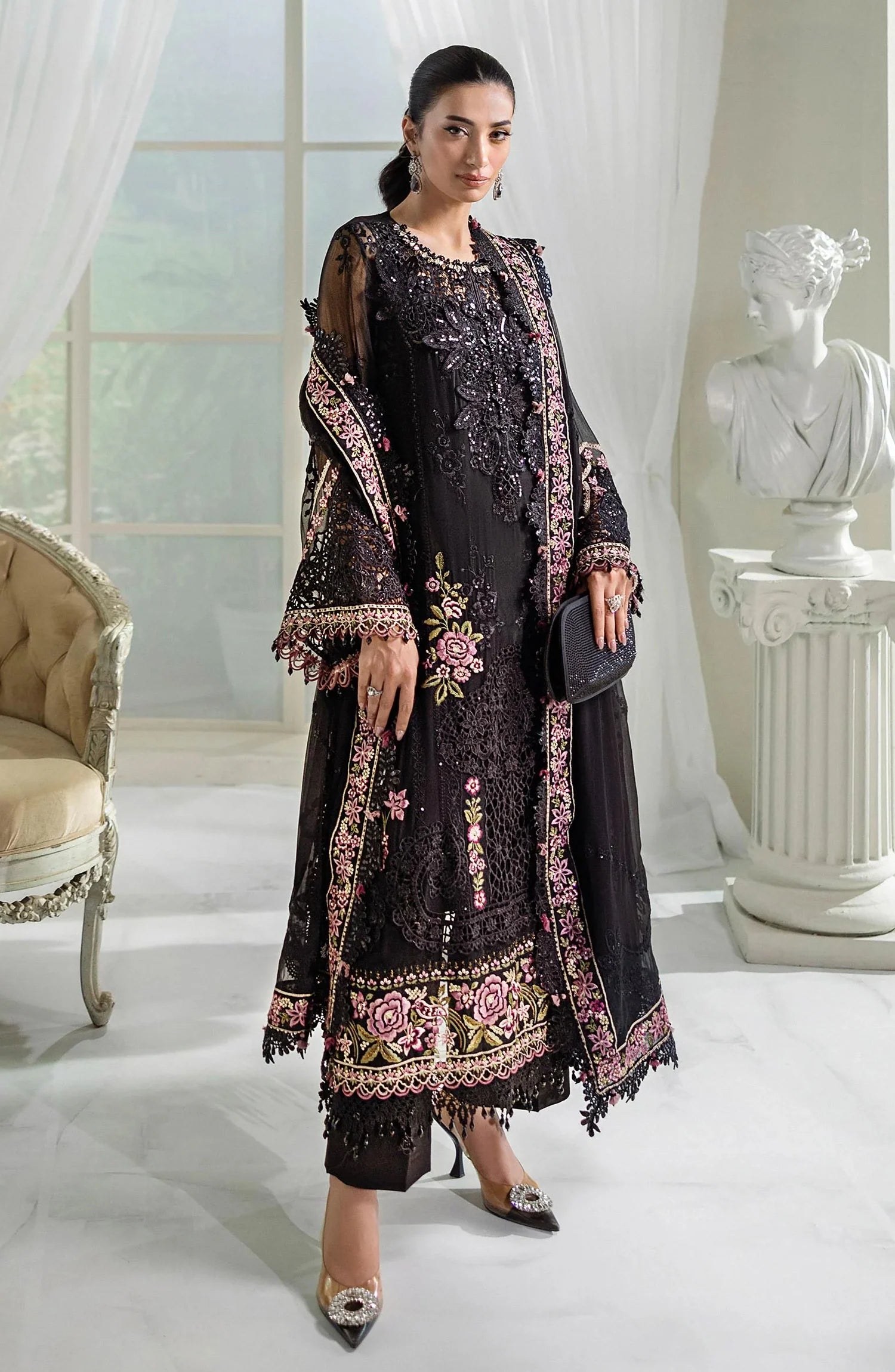 Maria B Embroidered Luxury Chiffon Unstitched 3 Piece Suit - MPC-25-104-Black - MB25UCH - Luxury Collection